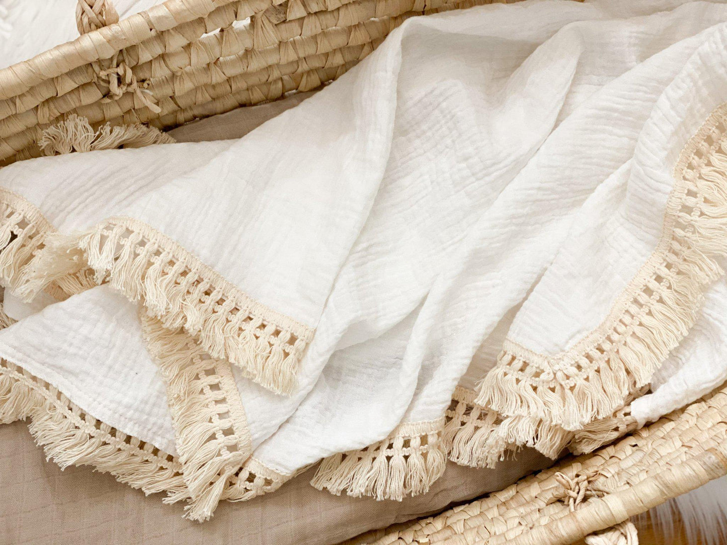 Fringe Swaddle Blanket - White - Bossy Beans