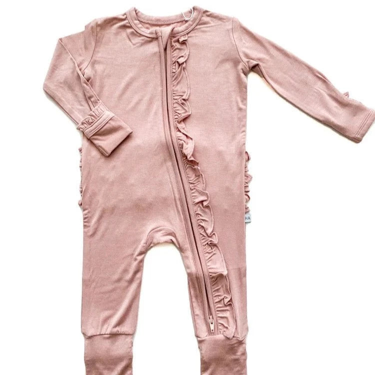 dusty pink ruffle zipper onesie