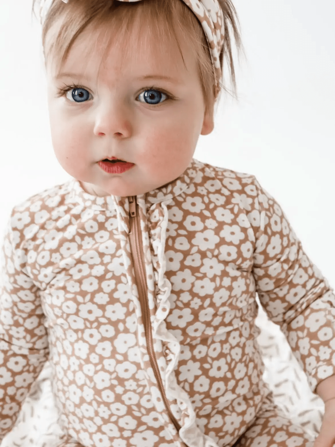 Ruffle Zipper One Piece - Mocha Ditsy Floral - Bamboo - Bossy Beans