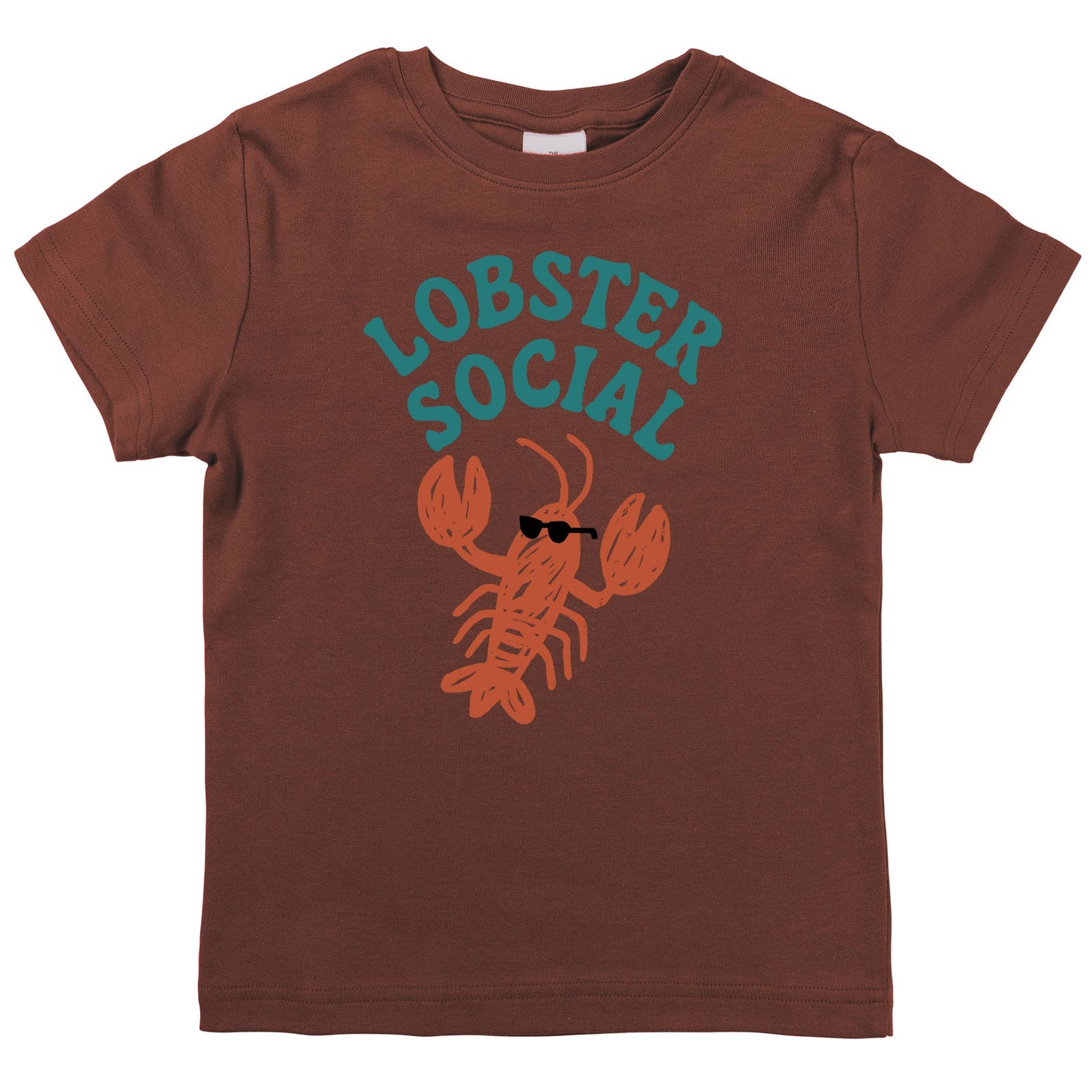 Brown t-shirt with a lobster graphic and 'LOBSTER SOCIAL' text on a white background