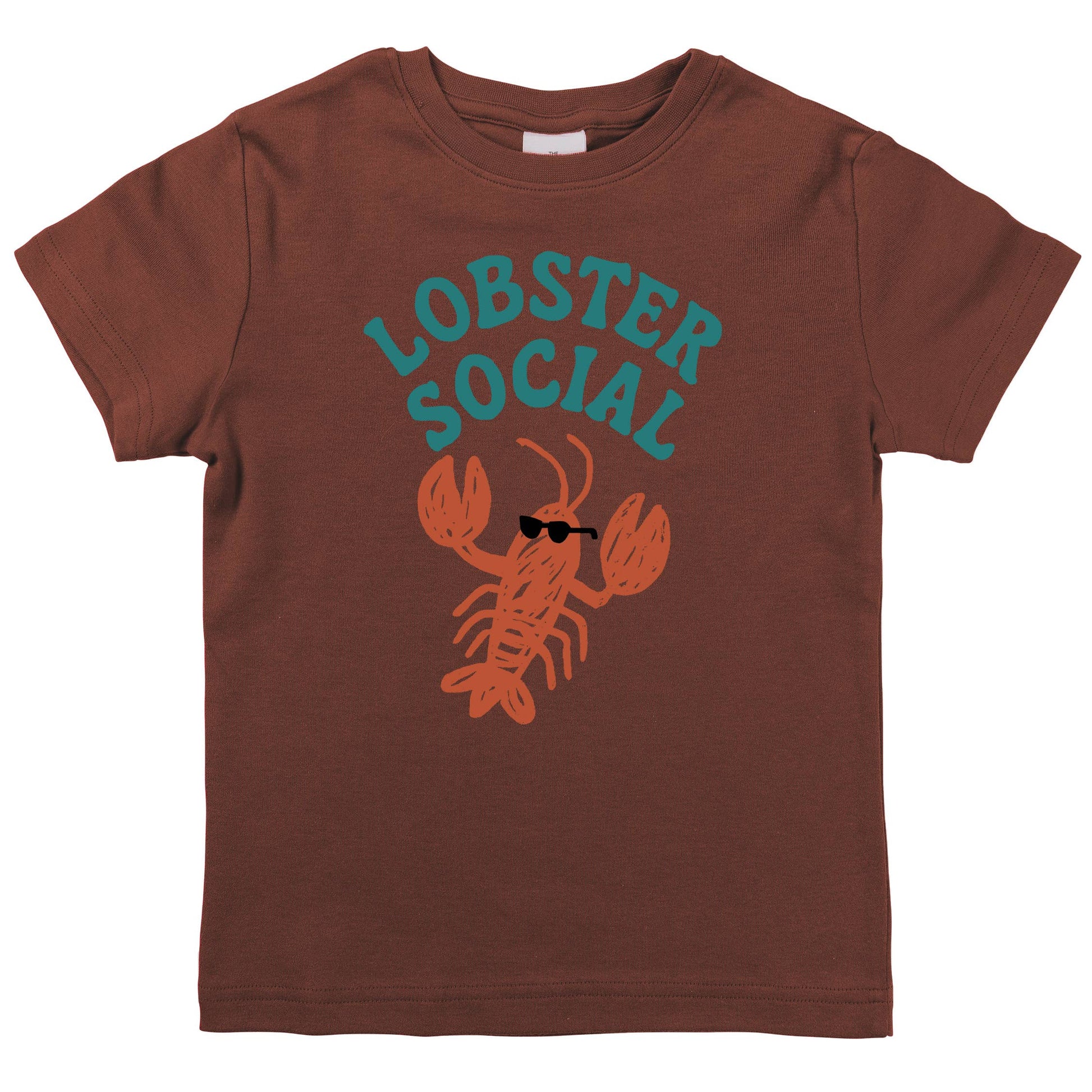 Brown t-shirt with a lobster graphic and 'LOBSTER SOCIAL' text on a white background