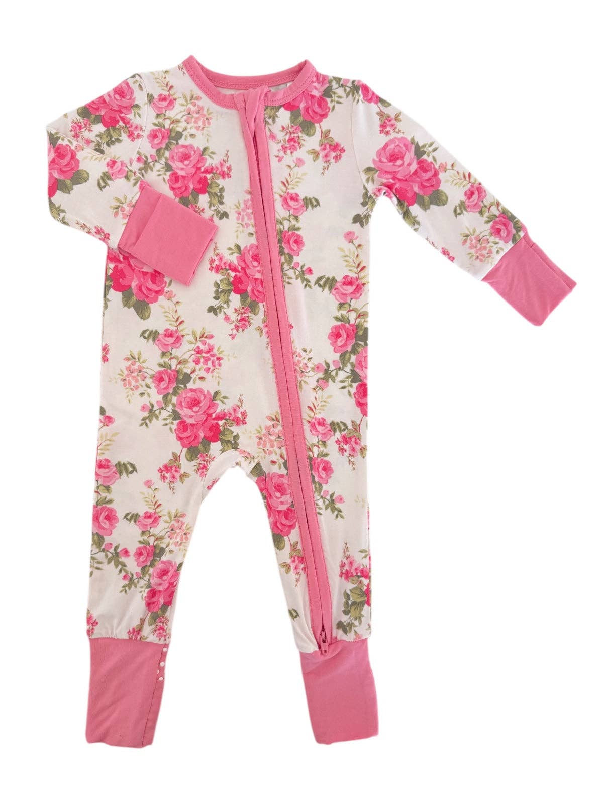 Floral-patterned baby onesie with pink accents on a white background