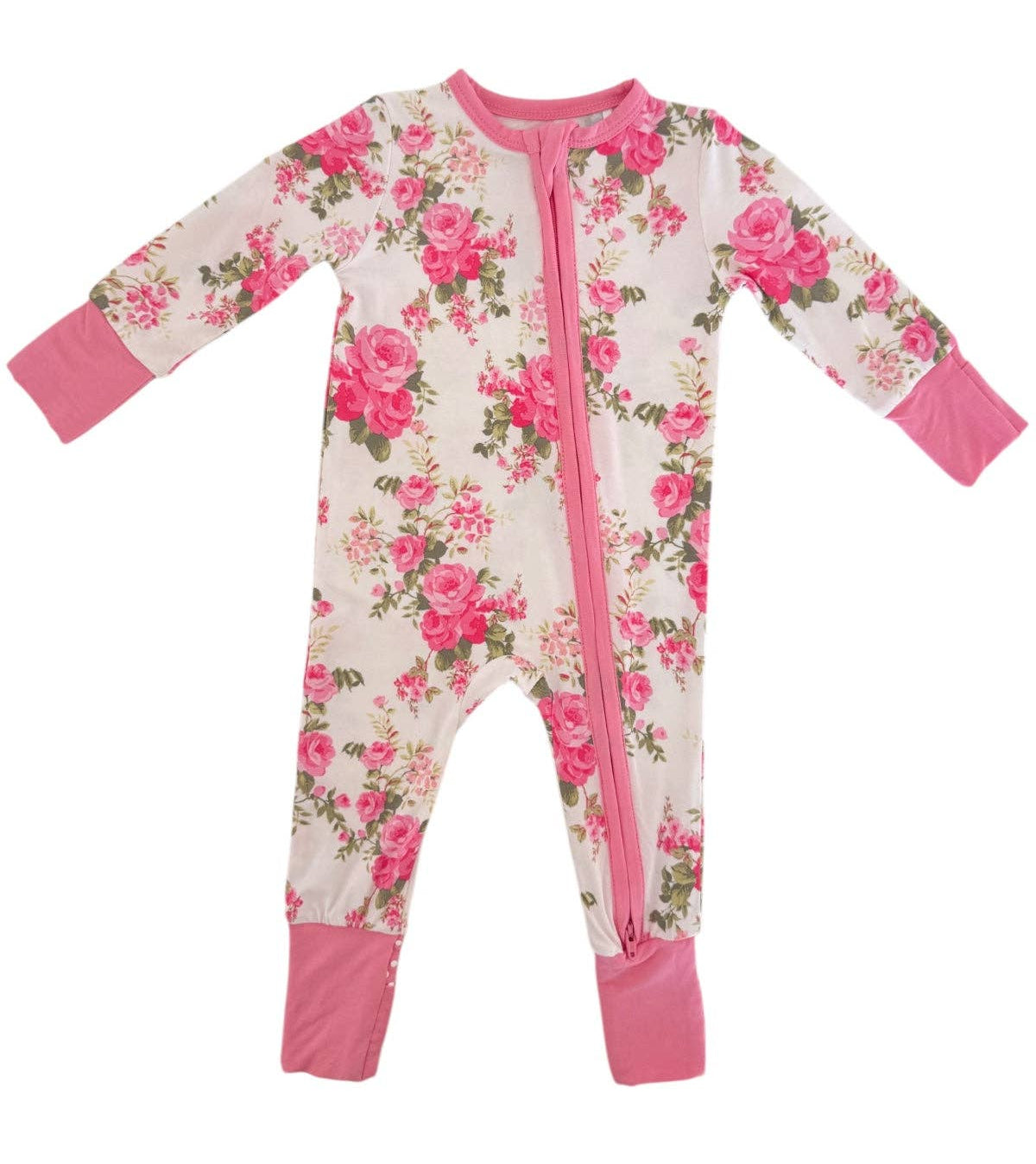 Floral-patterned baby onesie with pink accents on a white background