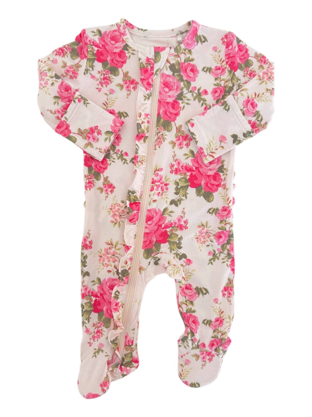 Floral baby onesie with pink flowers on a white background