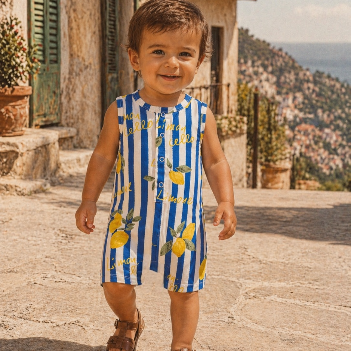 Child wearing a blue and white striped romper with lemon designs outdoors.