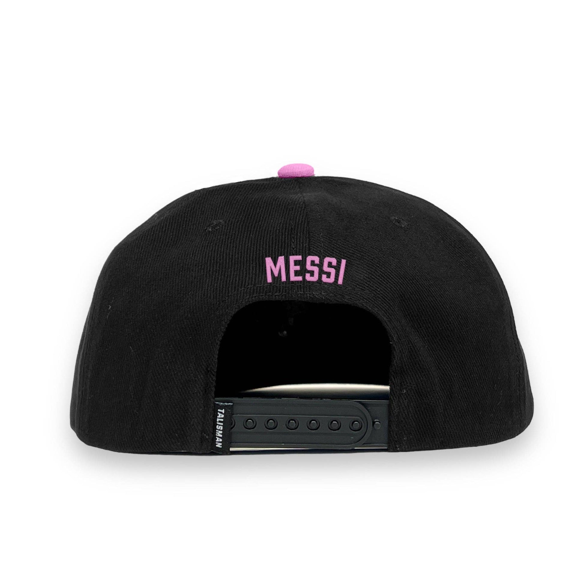 Black cap with 'MESSI' in pink on a white background