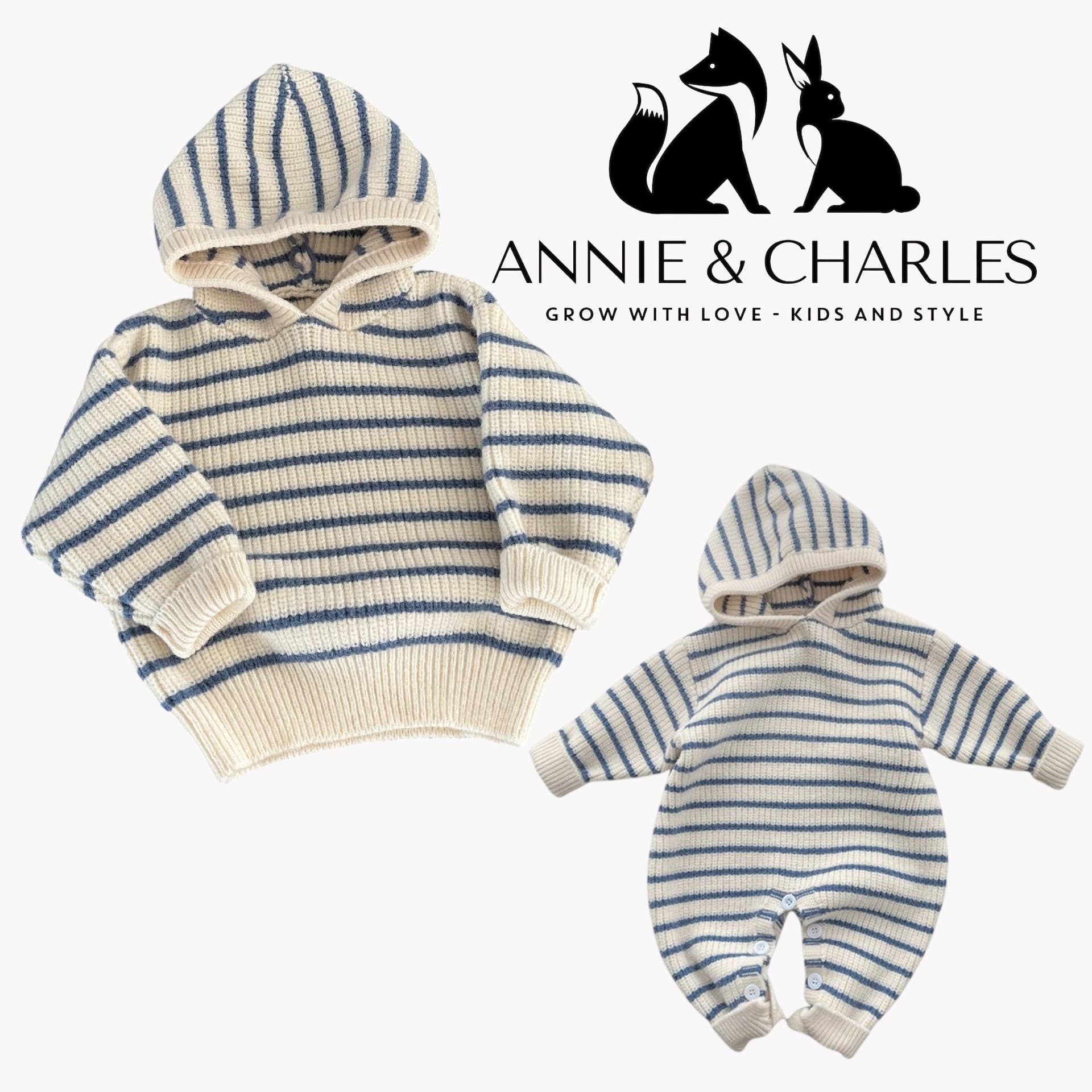 Striped baby hoodie and romper set with Annie & Charles logo on a white background