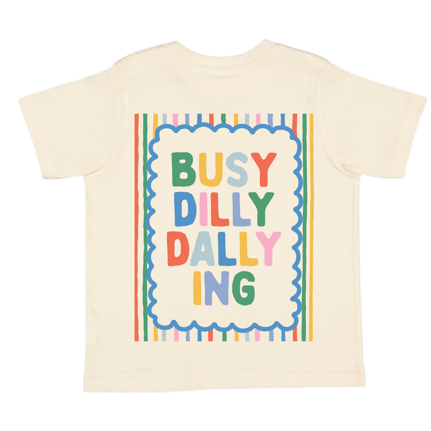 Beige t-shirt with colorful text design on a white background