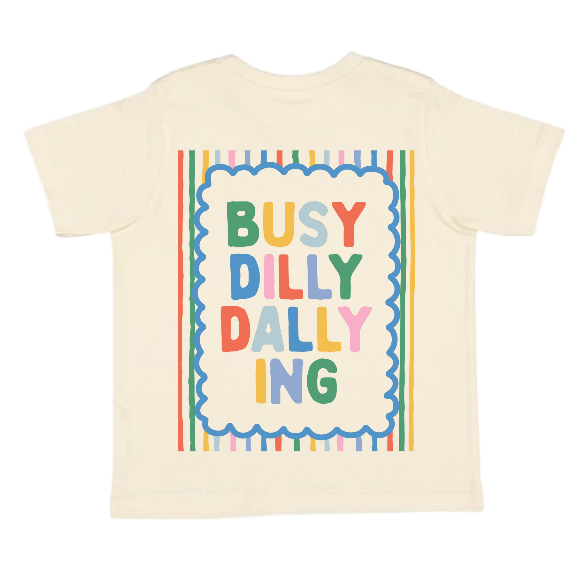 Beige t-shirt with colorful text design on a white background