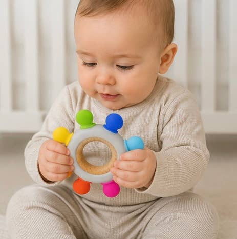 Silicone/Wood Teether- Bright Rainbow