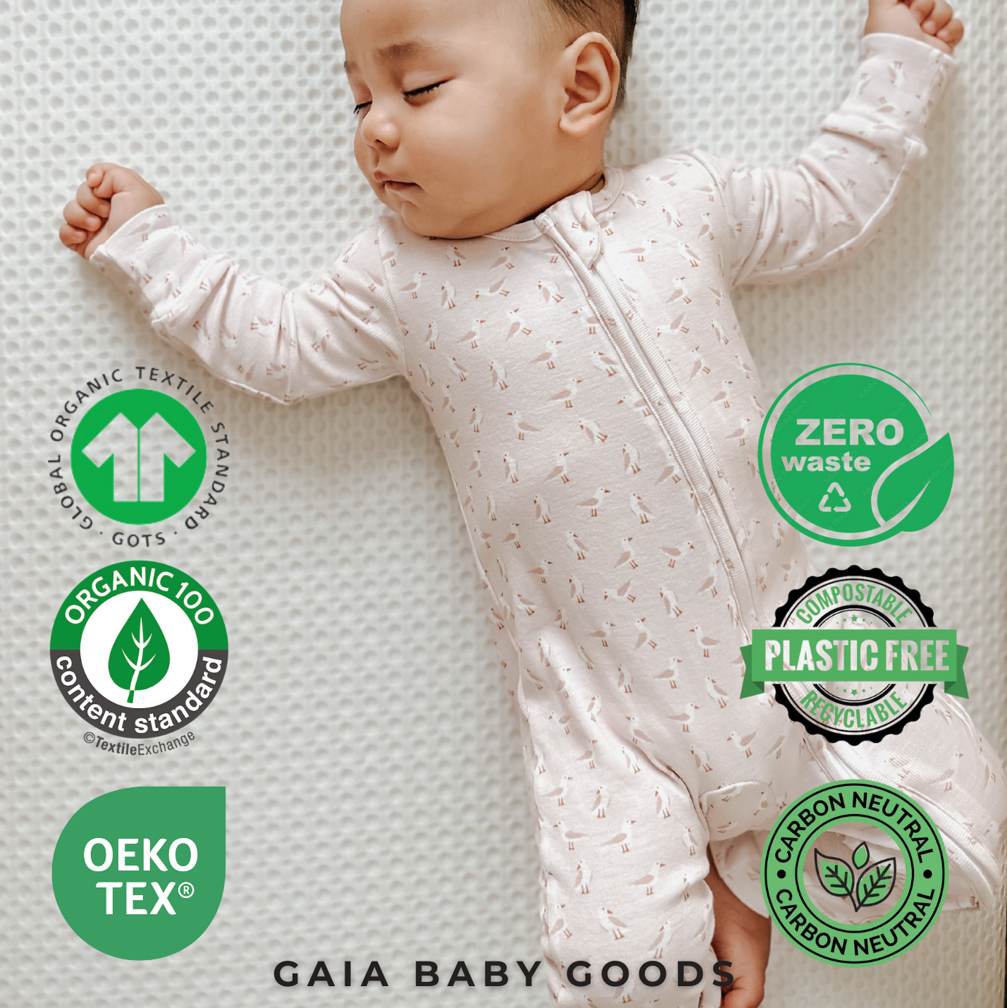 Baby lying on a textured surface with 'Sustainable' text and green certification logos, featuring Gaia Baby Goods.