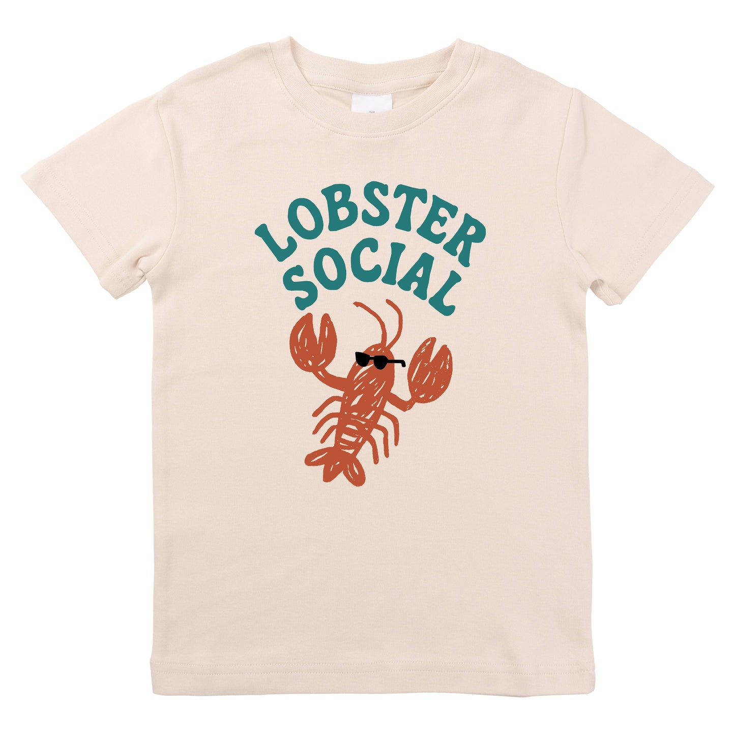 Beige t-shirt with a lobster graphic and 'LOBSTER SOCIAL' text on a white background