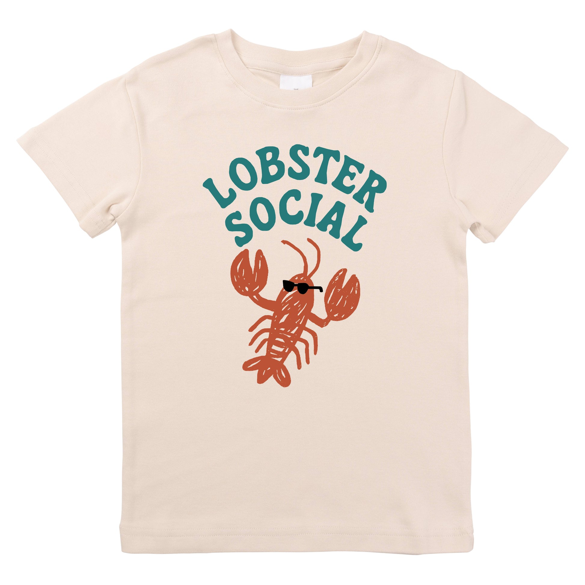 Beige t-shirt with a lobster graphic and 'LOBSTER SOCIAL' text on a white background