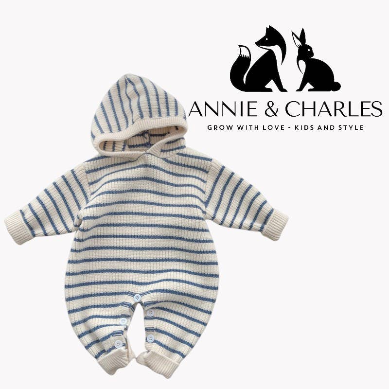 Striped baby romper with a hood on a white background, featuring the Annie & Charles brand.