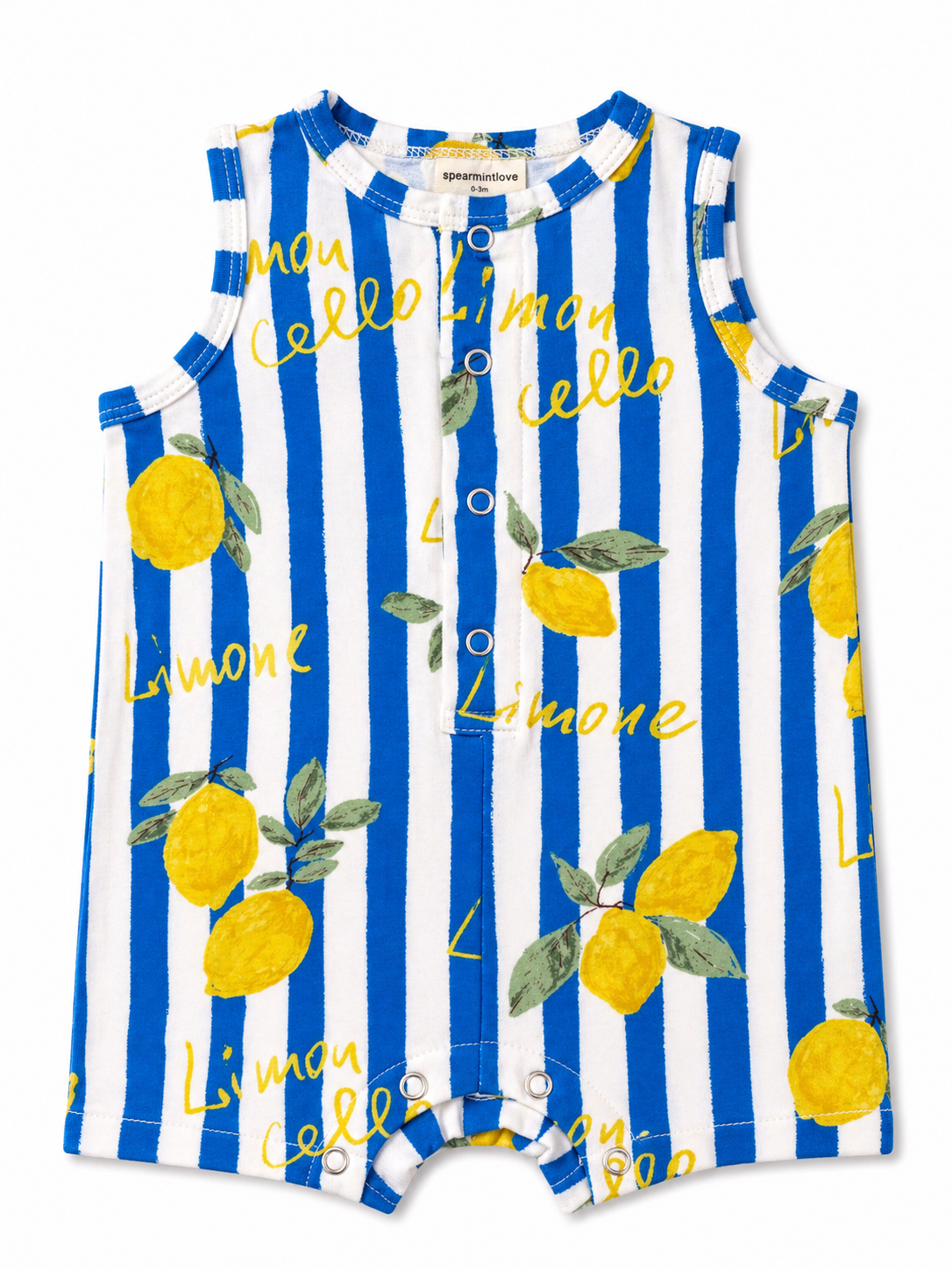 Baby romper with blue and white stripes, yellow lemons, and 'Limone' text on a white background