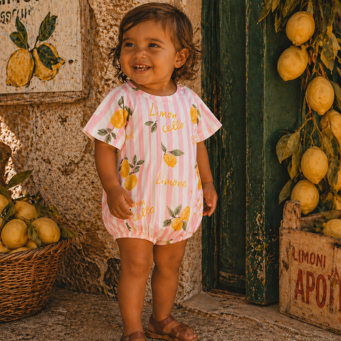 Child wearing a lemon-themed dress in front of a lemon store display