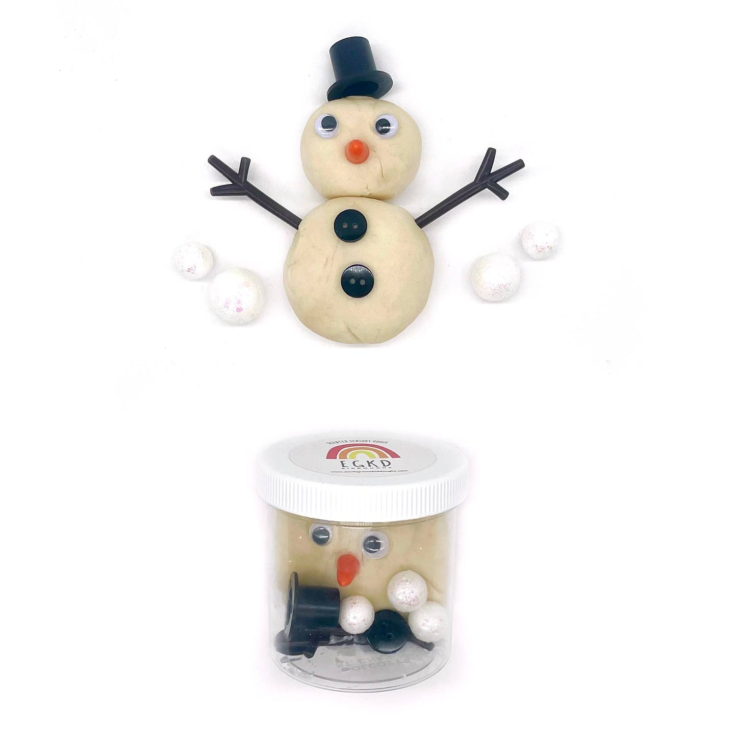 Snowman-shaped cookie dough in a container with a visible brand logo on a white background