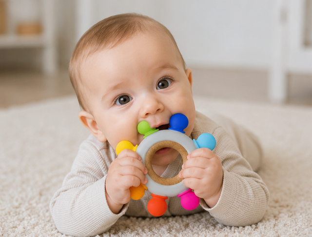 Silicone/Wood Teether- Bright Rainbow