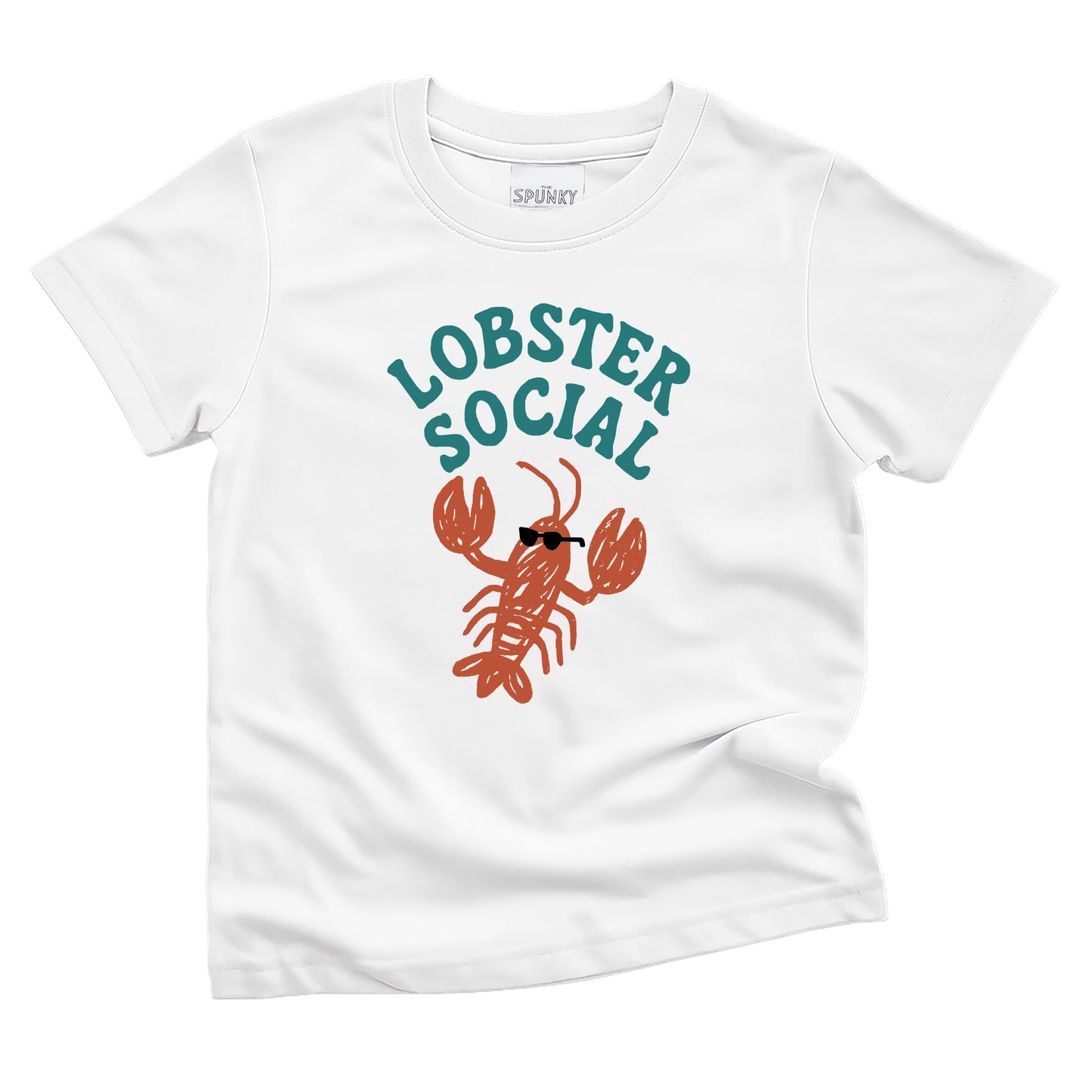 White t-shirt with 'LOBSTER SOCIAL' text and lobster graphic on a white background