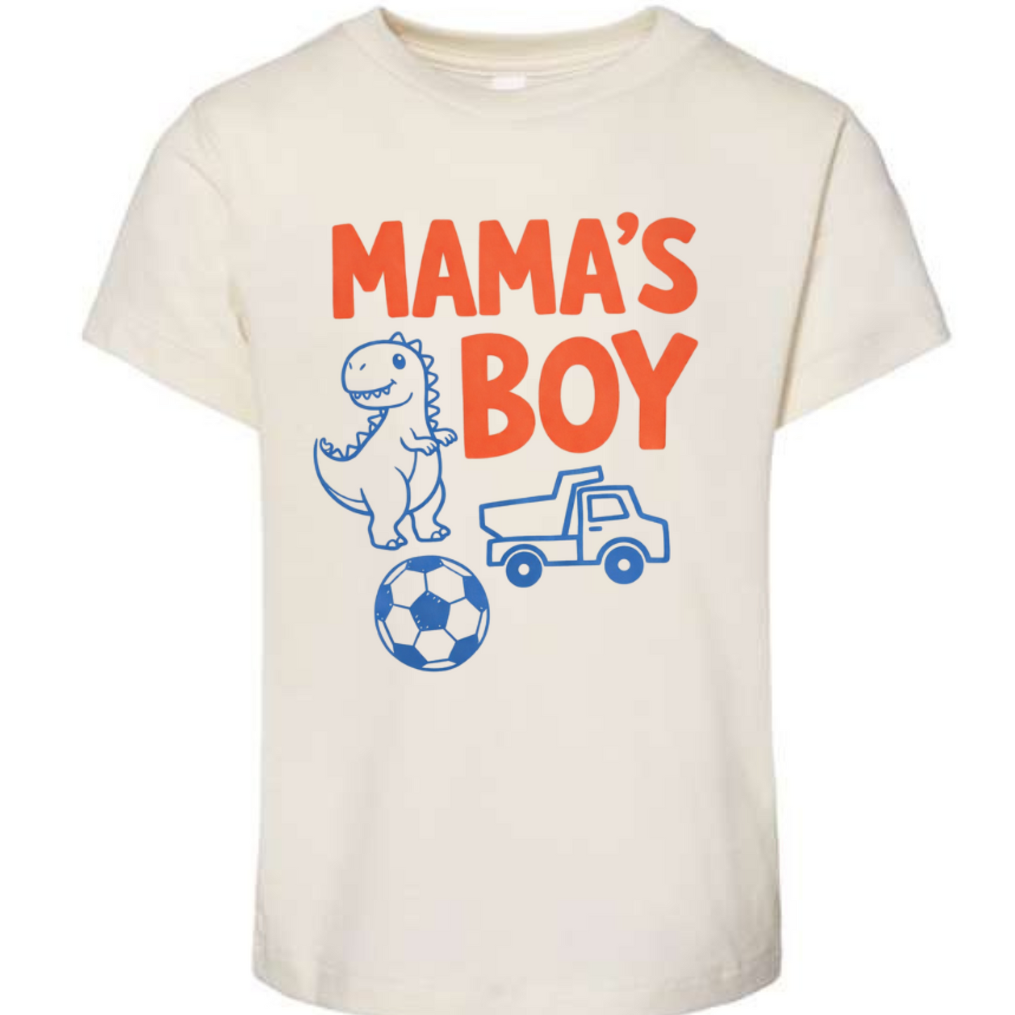 White t-shirt with 'Mama's Boy' text and graphics on a white background