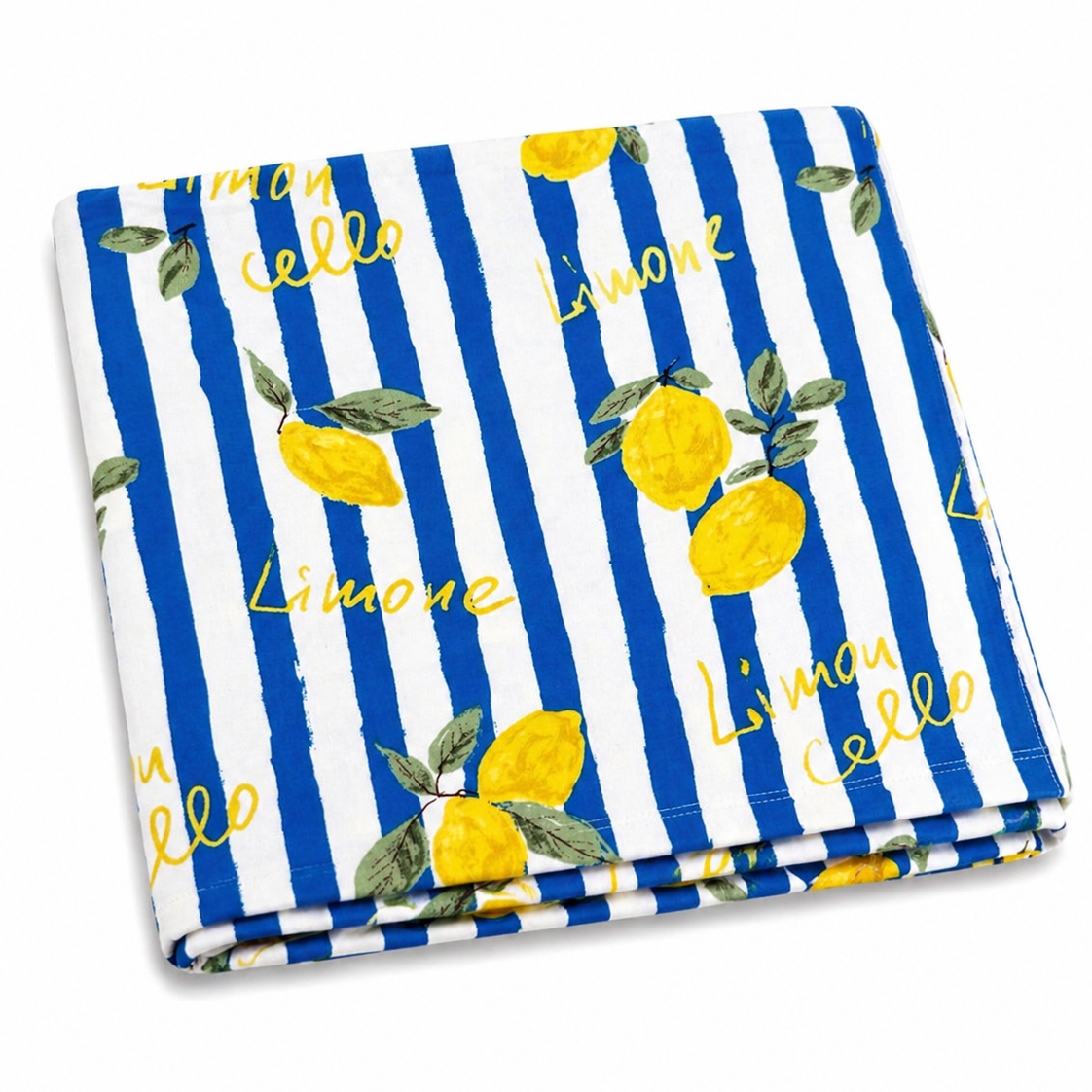 Folded fabric with blue and white stripes and yellow lemons printed on it.