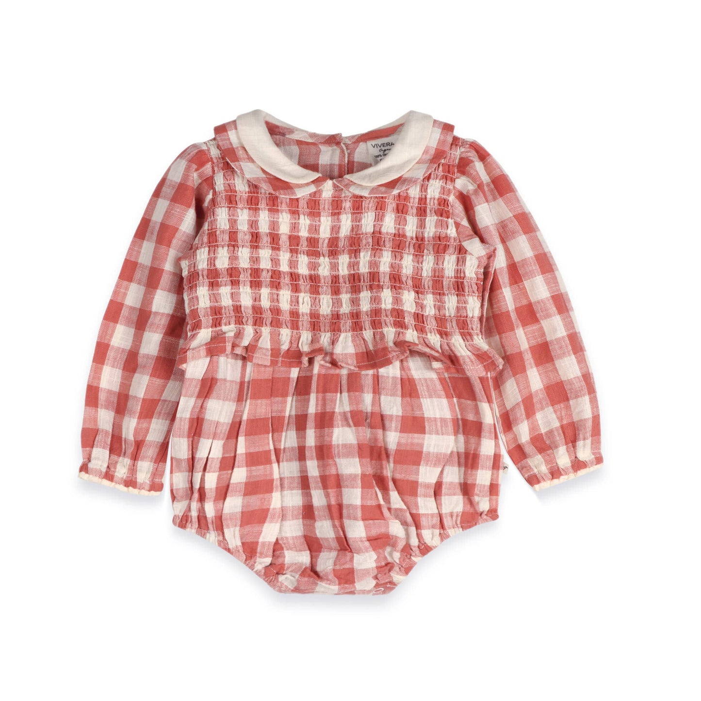 Red and white checkered baby romper with long sleeves on a white background