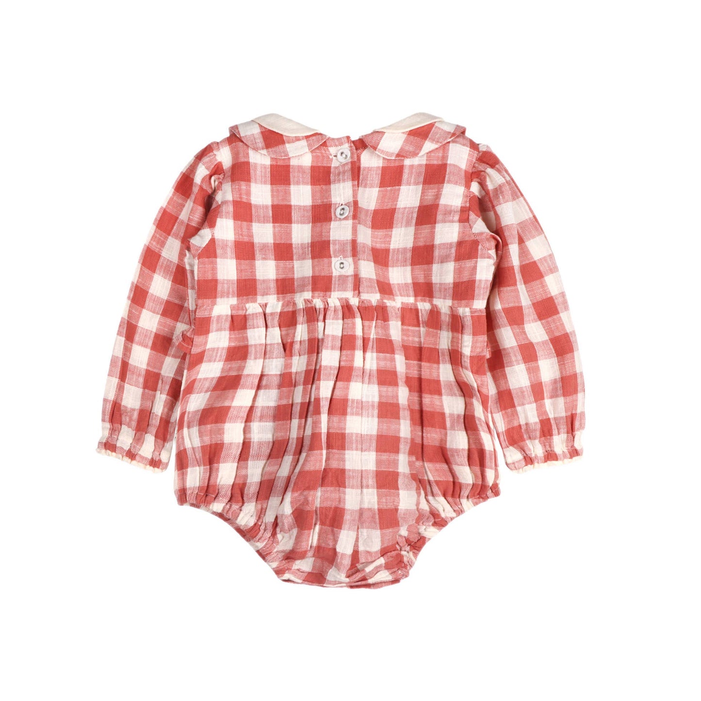 Red and white checkered baby romper on a white background