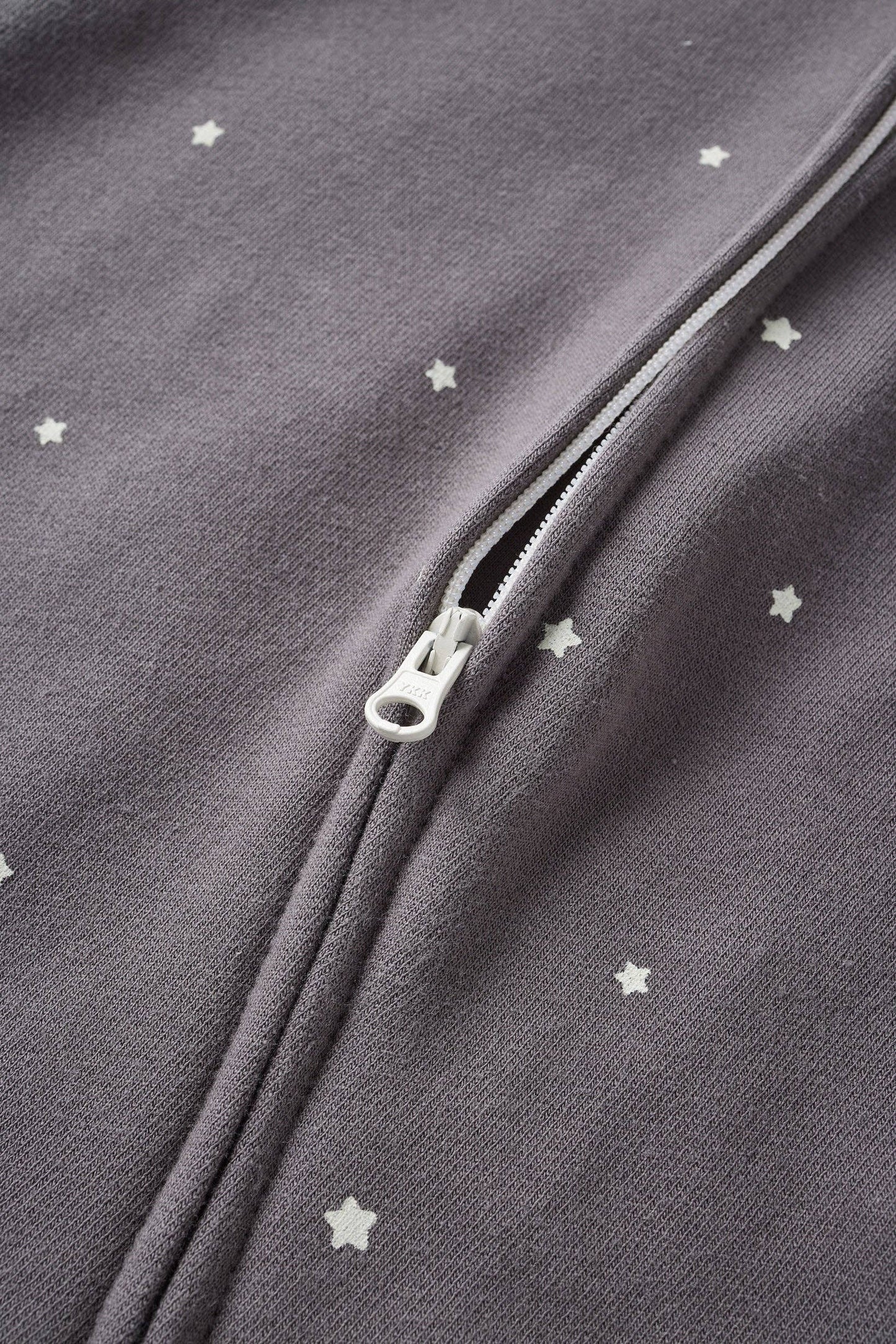 Close-up of a dark gray fabric with star patterns and a zipper.