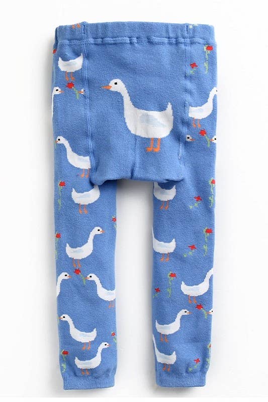 Blue children's leggings with duck pattern on a white background