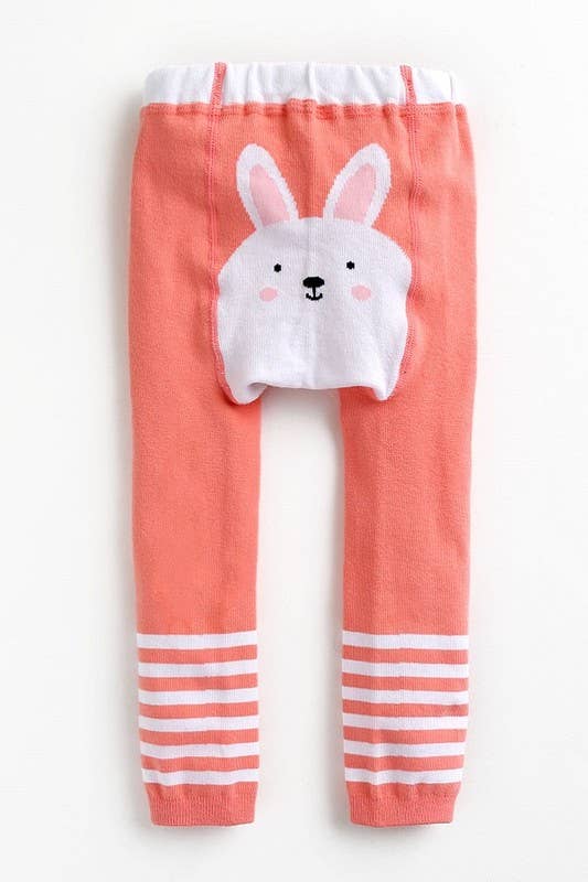 Coral leggings with a bunny face design on a white background
