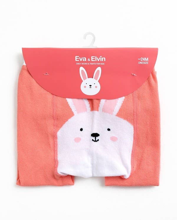 Coral leggings with a white bunny design on a hanger, branded 'Eva & Elvin'.