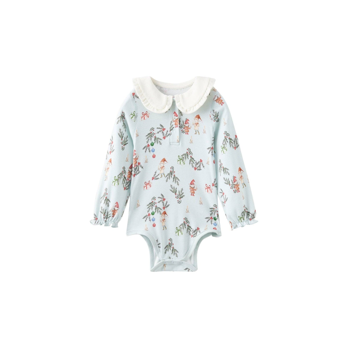 Floral-patterned baby bodysuit with a white collar on a white background