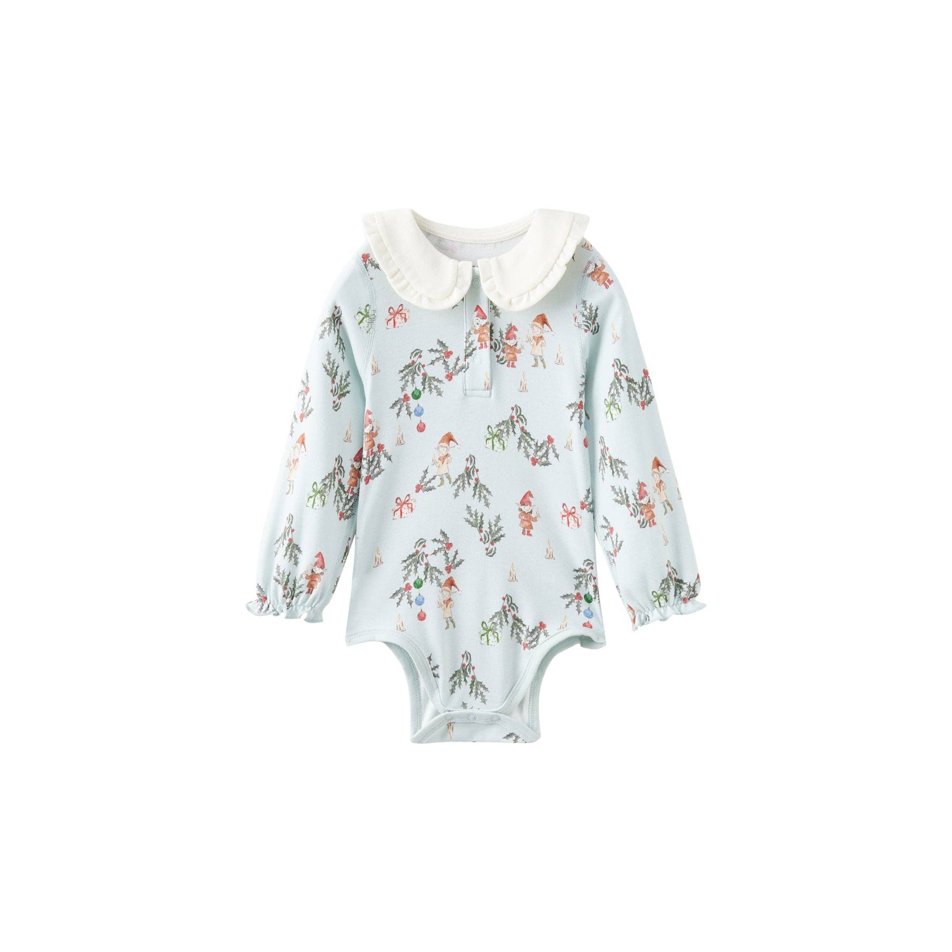 Floral-patterned baby bodysuit with a white collar on a white background
