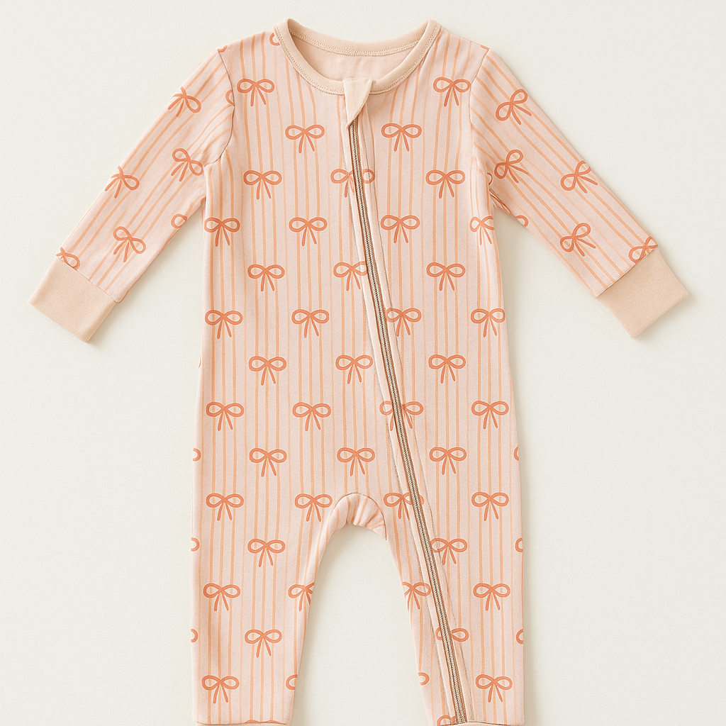 Baby onesie with bow pattern on a plain background