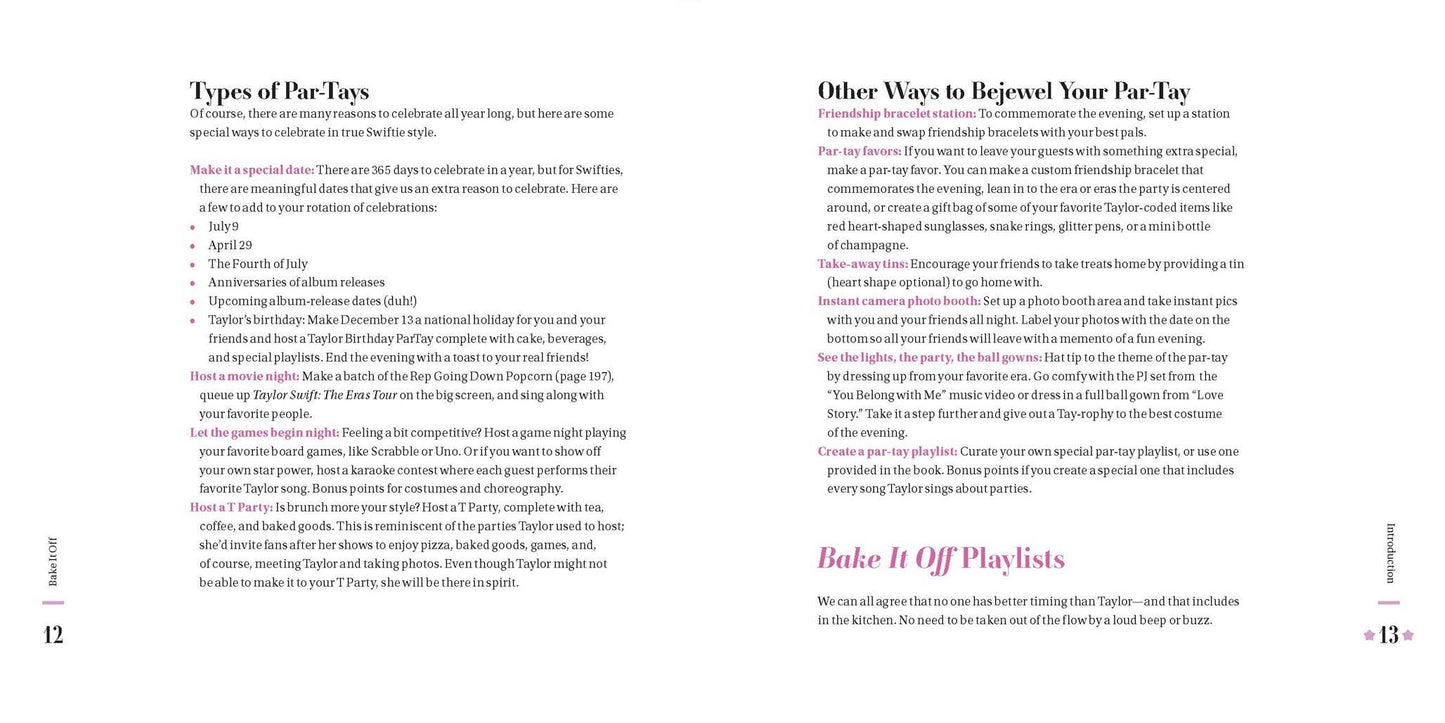 Two pages from a book or magazine with text on par-tay types and ways to embellish a party, with a white background.