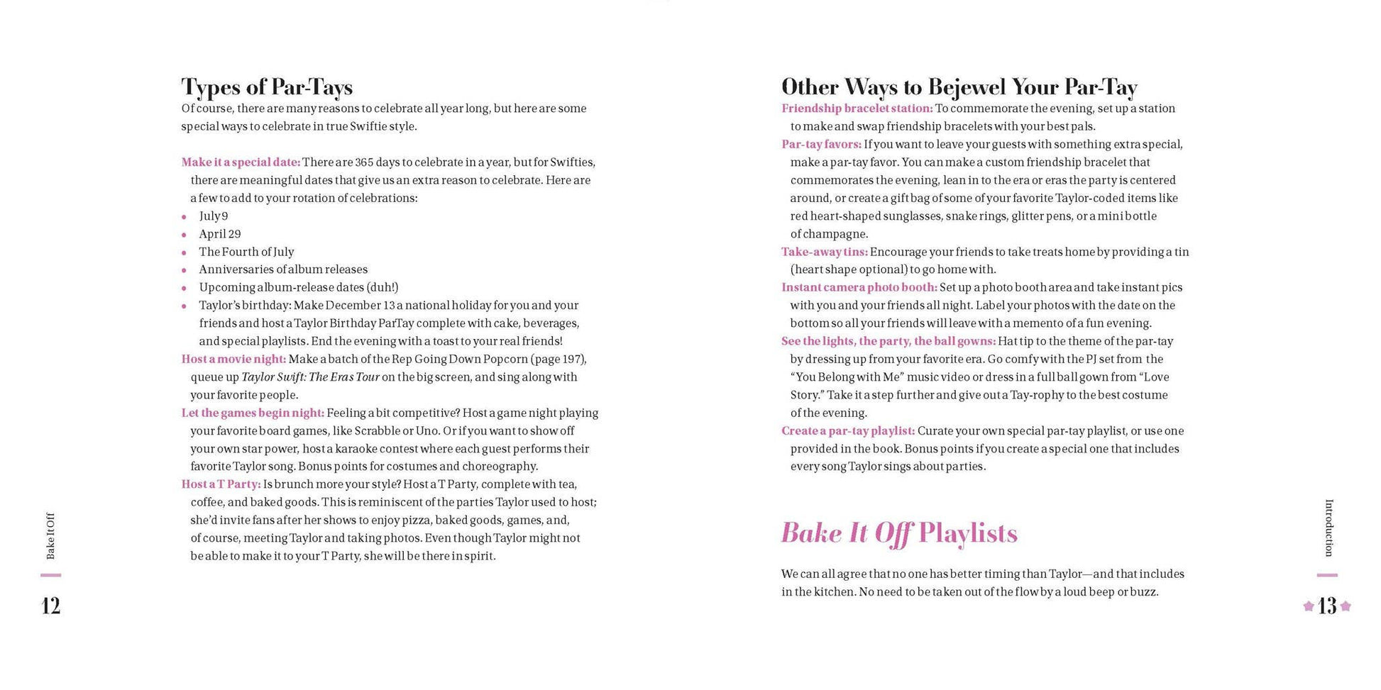 Two pages from a book or magazine with text on par-tay types and ways to embellish a party, with a white background.