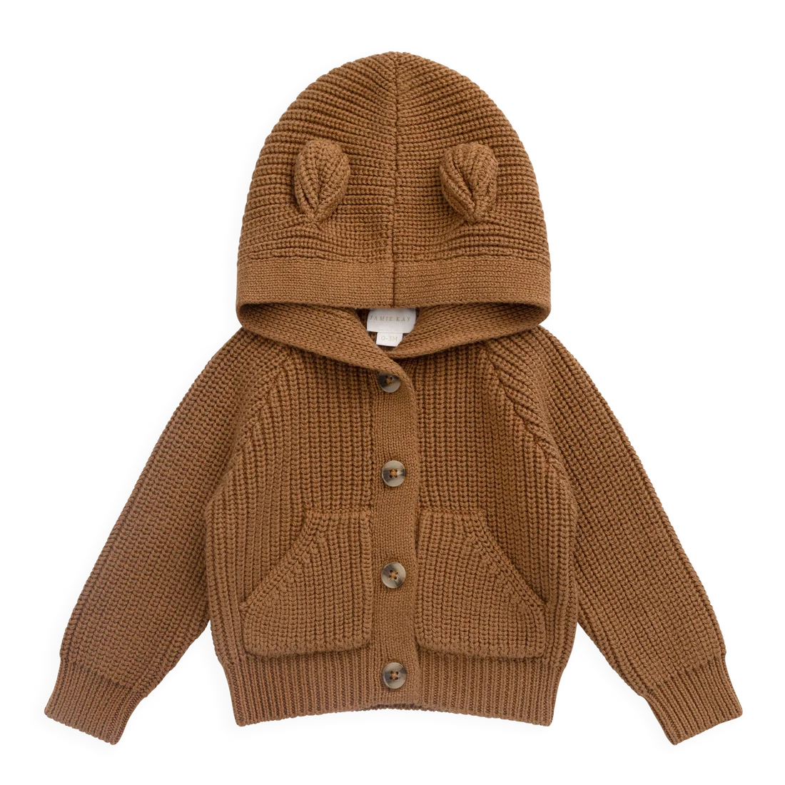 A toddler's brown knit hooded cardigan sweater with ear details on the hood, front button closure, and front pockets, shown on a plain white background.