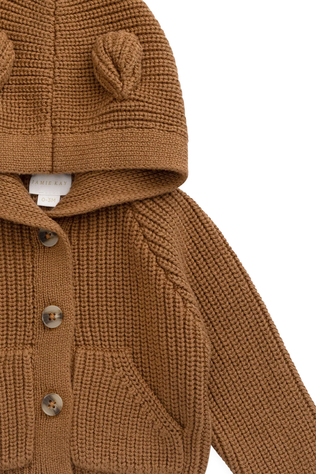 Close-up of a brown ribbed knit hooded cardigan with bear-ear details on the hood and front buttons, shown against a plain white background.