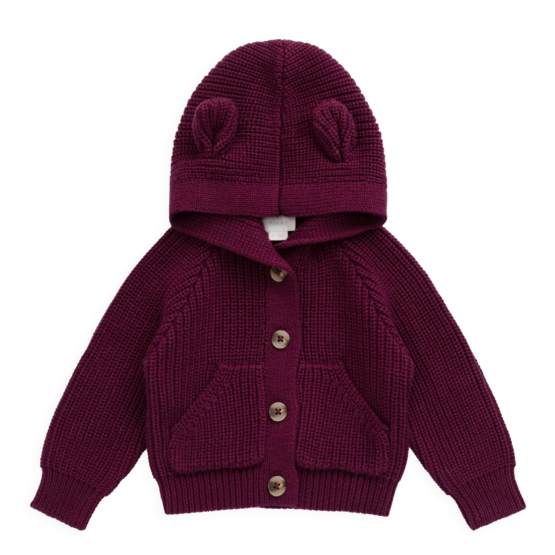 A dark burgundy knit hooded cardigan with ear details on the hood, front button closure, and front pockets, shown flat on a white background.