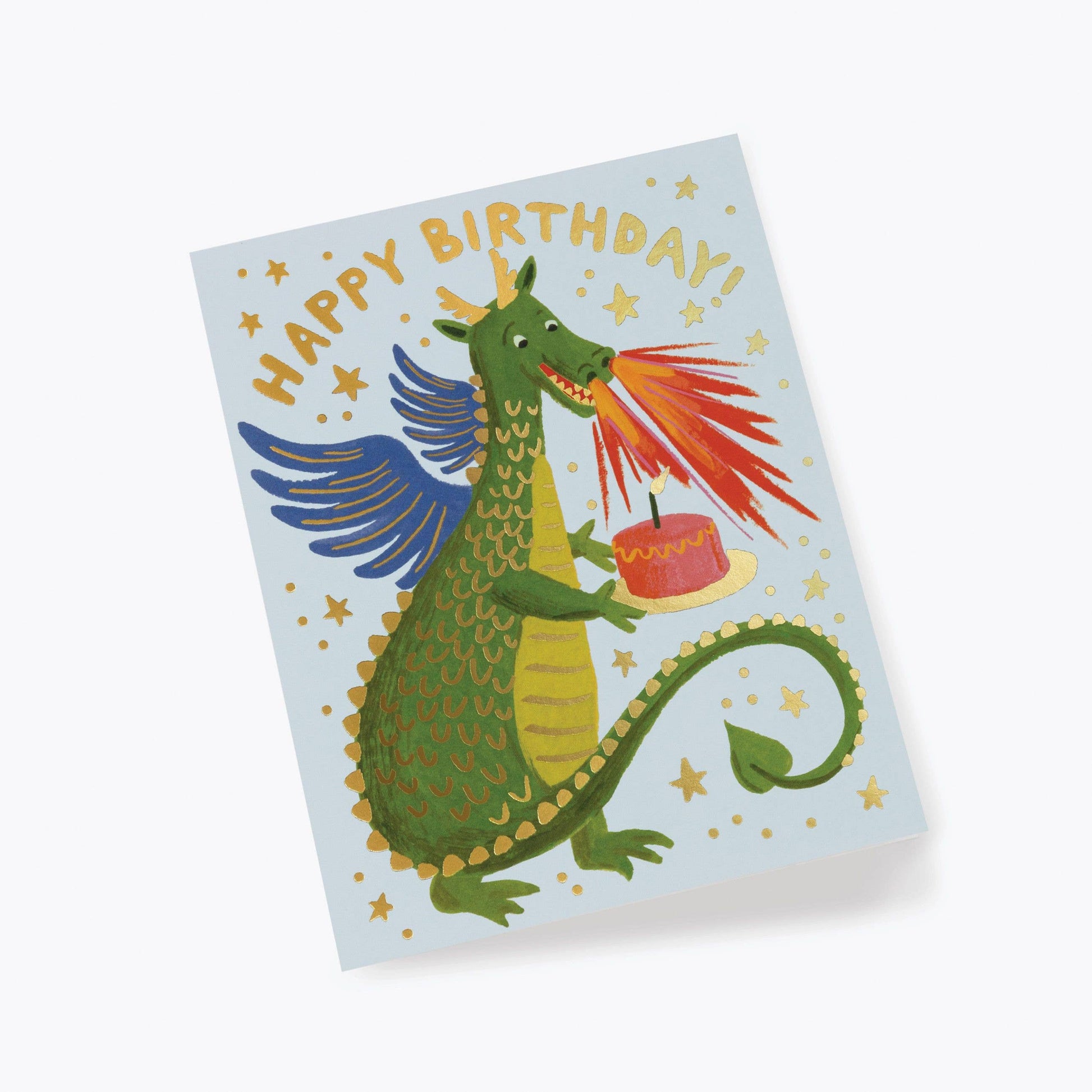 Birthday card with a dragon holding a cake and 'Happy Birthday!' text on a white background