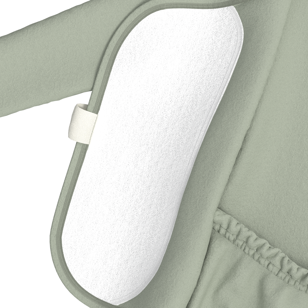 Close-up of a green garment with a white label on a white background