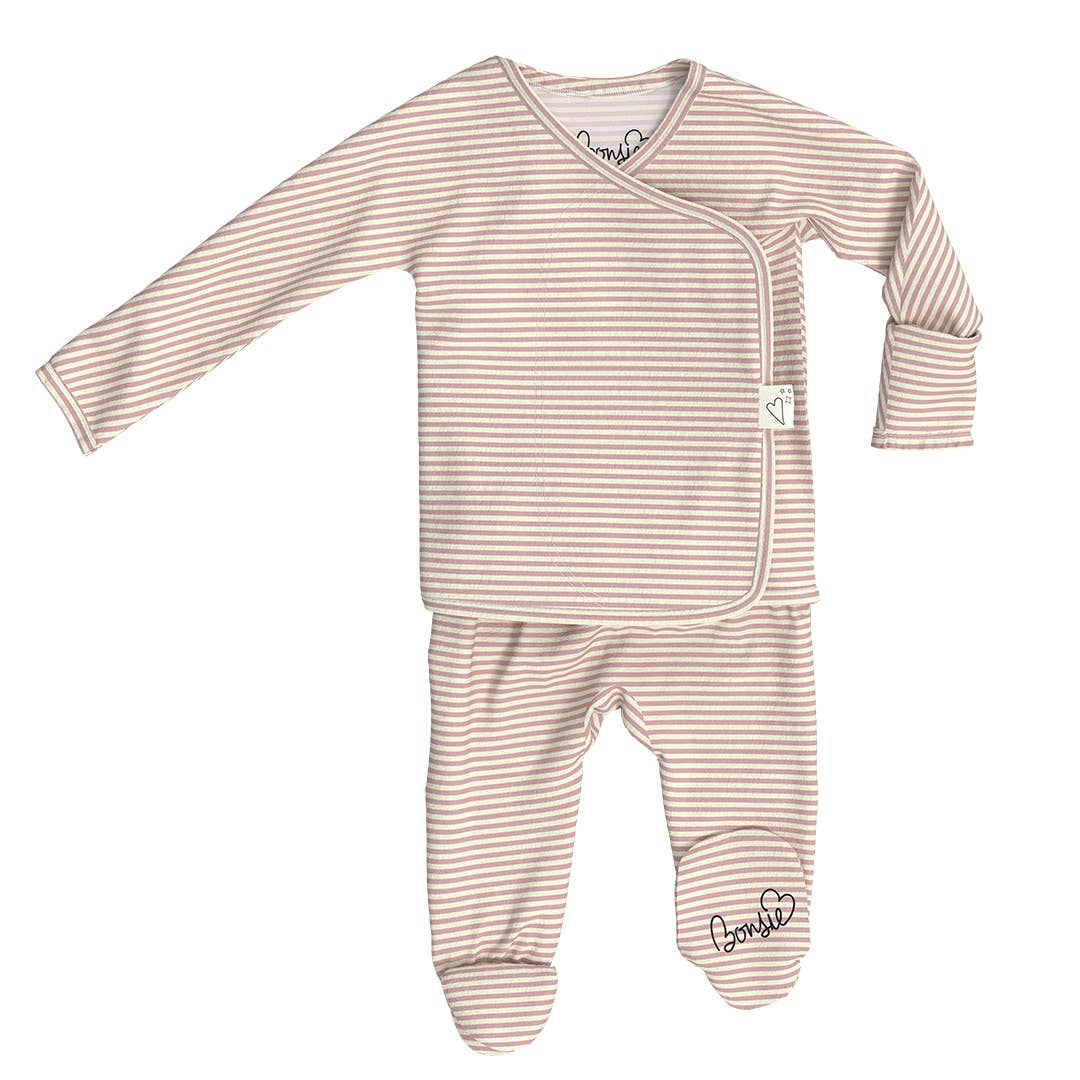 Striped baby outfit with long sleeves and pants on a white background