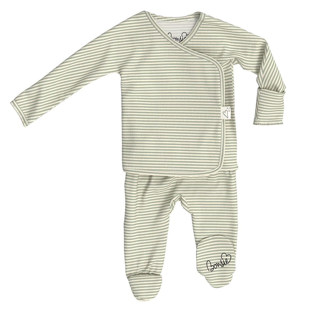 Green and white striped baby outfit with a brand logo on a white background