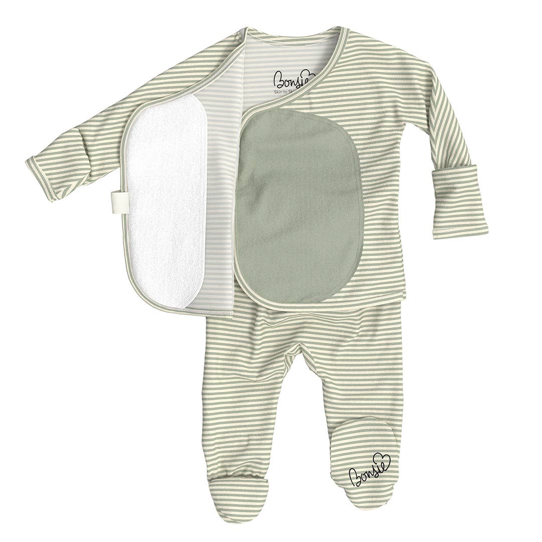 Baby onesie with green and white stripes and a pocket on a white background