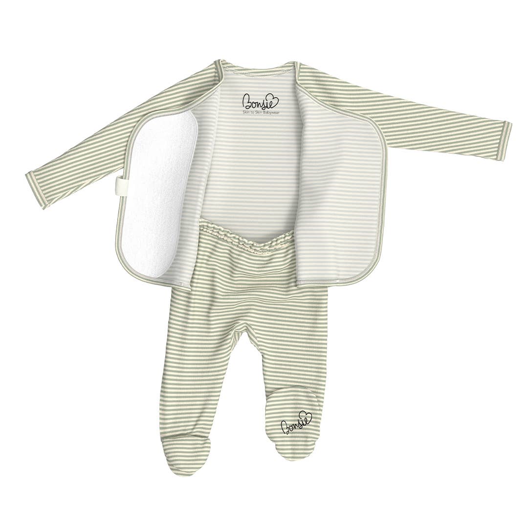 Baby outfit with long-sleeve top and footed pants in green and white stripes on a white background.