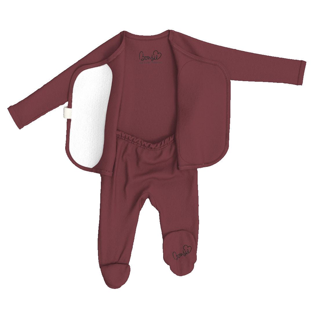 A baby footed sleeper set in a dusty rose/mauve color, featuring a long-sleeve top, matching footed pants, and a white fleece lining visible on the left side. The brand name 'Love & Co' is embroidered on the chest and leg.