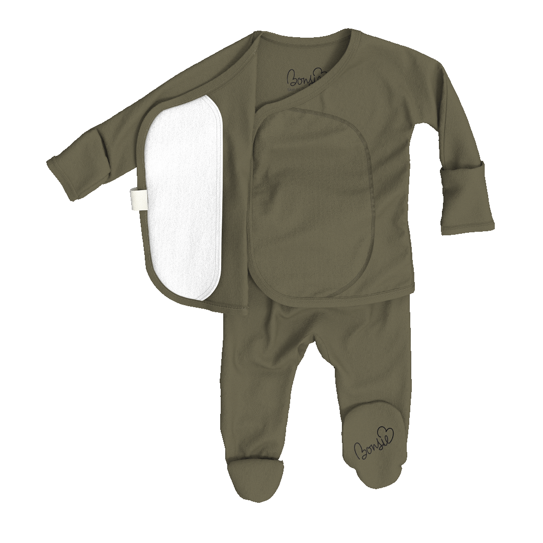 An olive green baby footed sleeper set with a matching long-sleeve top and pants, featuring a white reusable insert pad, shown on a plain white background.