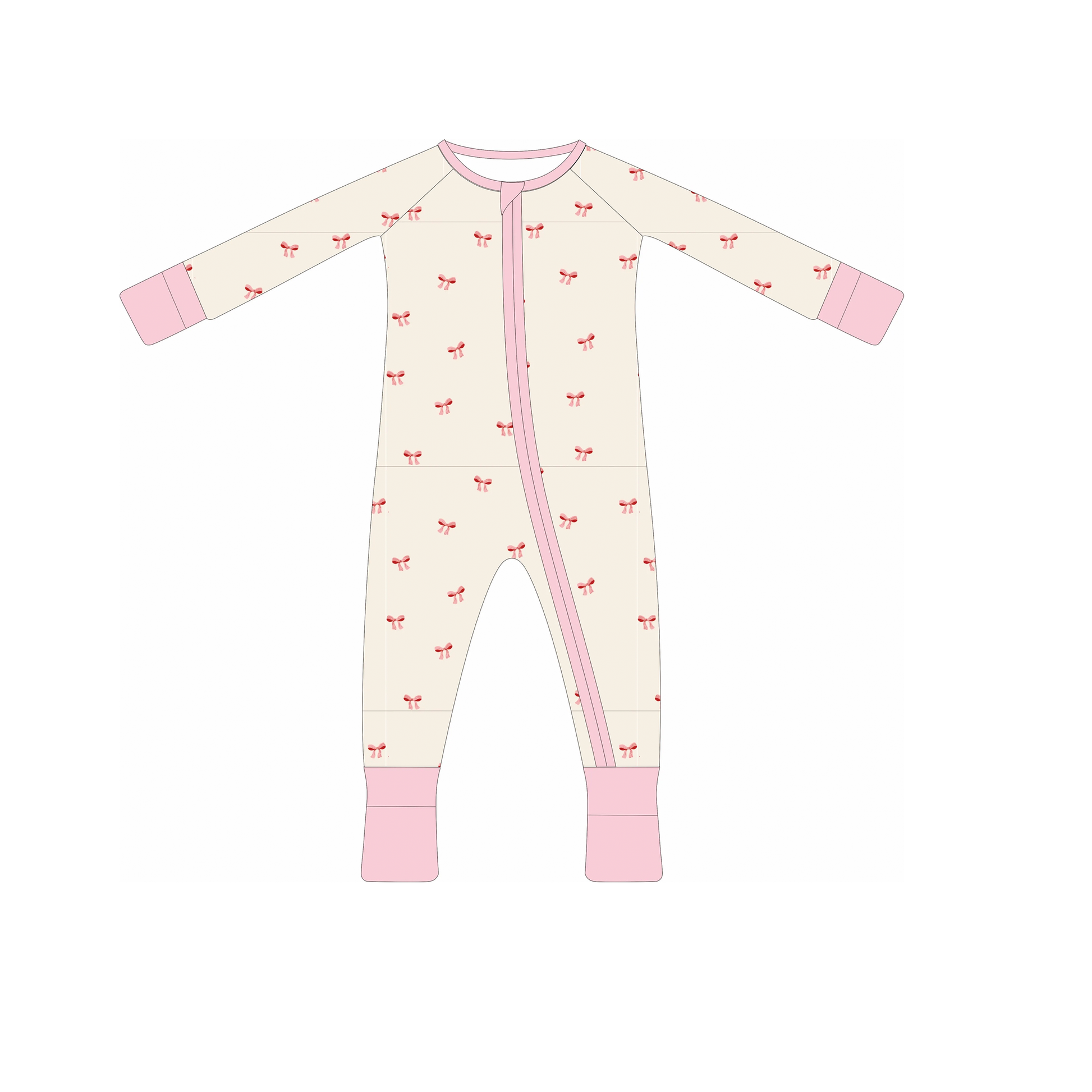 A bamboo baby sleeper with a double zipper and decorative bows on the sleeves and feet.