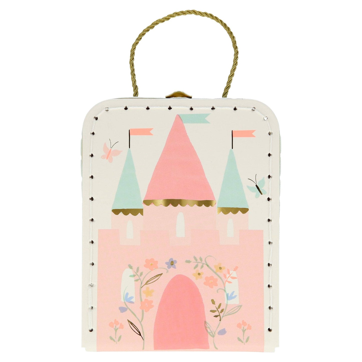 Decorative wall hanging with a castle design on a white background