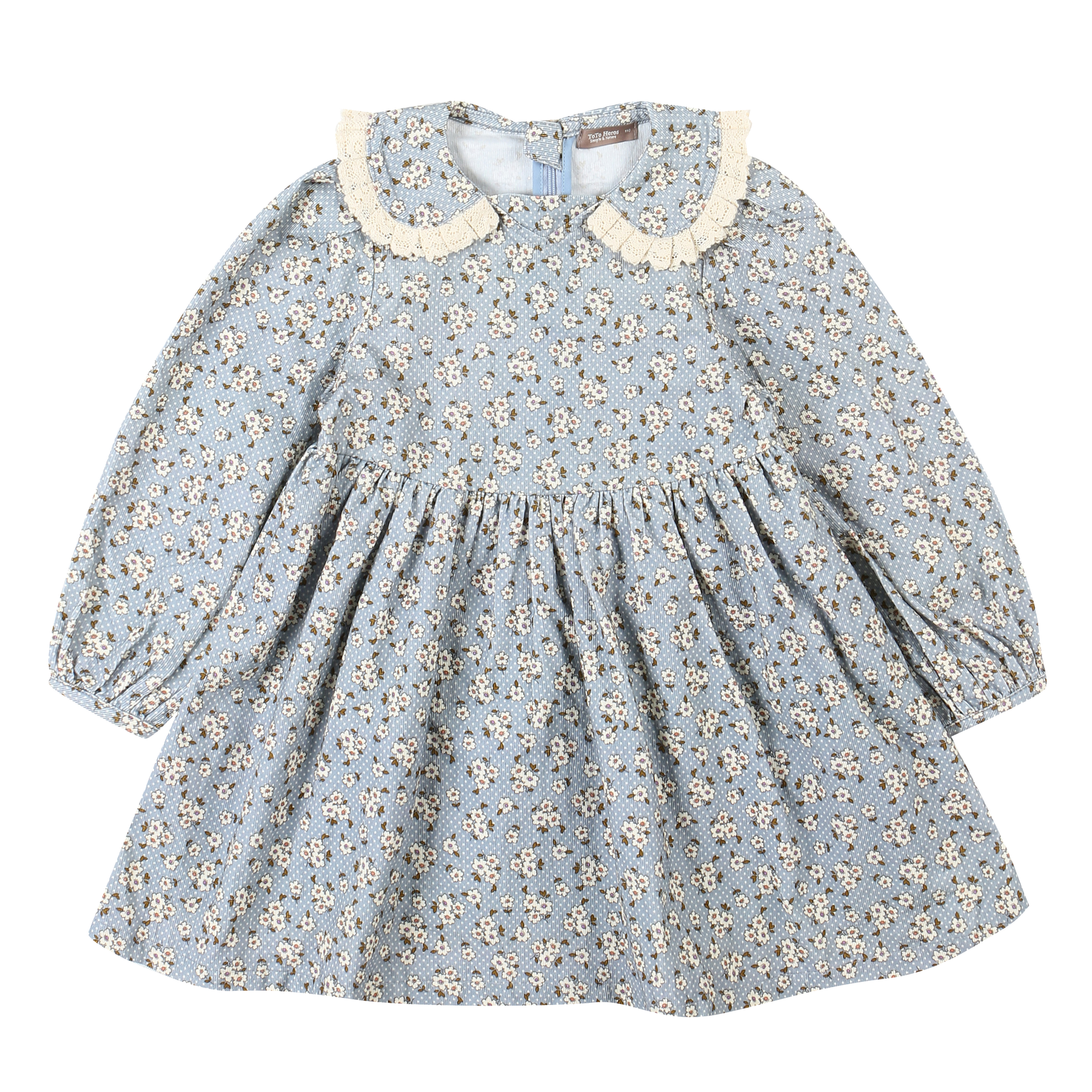 Blue floral dress with white collar on a white background